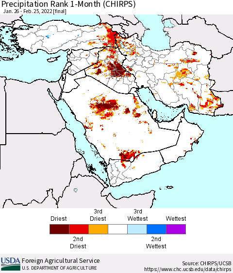 Middle East and Turkey Precipitation Rank since 1981, 1-Month (CHIRPS) Thematic Map For 1/26/2022 - 2/25/2022