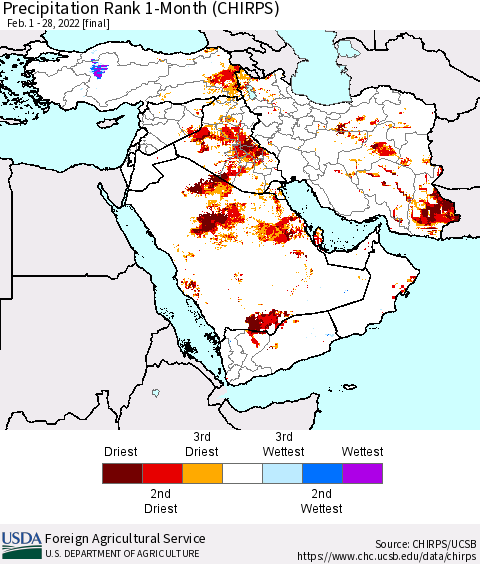 Middle East and Turkey Precipitation Rank since 1981, 1-Month (CHIRPS) Thematic Map For 2/1/2022 - 2/28/2022