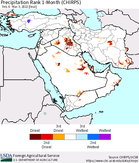 Middle East and Turkey Precipitation Rank since 1981, 1-Month (CHIRPS) Thematic Map For 2/6/2022 - 3/5/2022