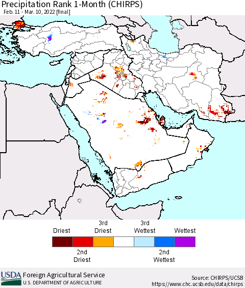 Middle East and Turkey Precipitation Rank since 1981, 1-Month (CHIRPS) Thematic Map For 2/11/2022 - 3/10/2022