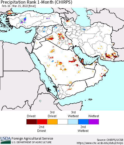 Middle East and Turkey Precipitation Rank since 1981, 1-Month (CHIRPS) Thematic Map For 2/16/2022 - 3/15/2022