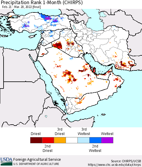 Middle East and Turkey Precipitation Rank since 1981, 1-Month (CHIRPS) Thematic Map For 2/21/2022 - 3/20/2022