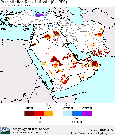Middle East and Turkey Precipitation Rank since 1981, 1-Month (CHIRPS) Thematic Map For 2/26/2022 - 3/25/2022