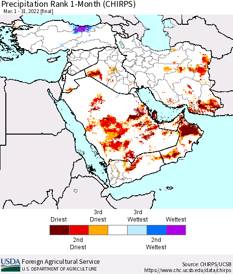 Middle East and Turkey Precipitation Rank since 1981, 1-Month (CHIRPS) Thematic Map For 3/1/2022 - 3/31/2022