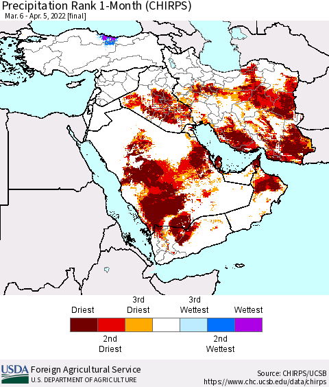 Middle East and Turkey Precipitation Rank since 1981, 1-Month (CHIRPS) Thematic Map For 3/6/2022 - 4/5/2022