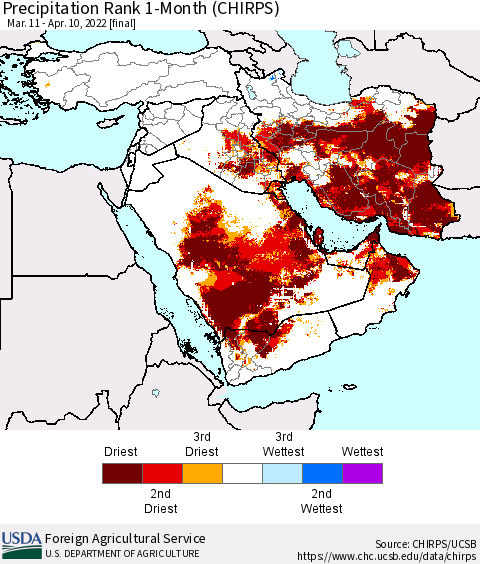Middle East and Turkey Precipitation Rank since 1981, 1-Month (CHIRPS) Thematic Map For 3/11/2022 - 4/10/2022