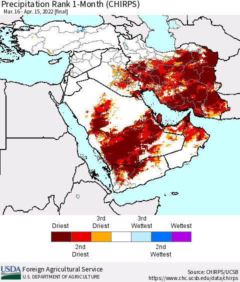 Middle East and Turkey Precipitation Rank since 1981, 1-Month (CHIRPS) Thematic Map For 3/16/2022 - 4/15/2022