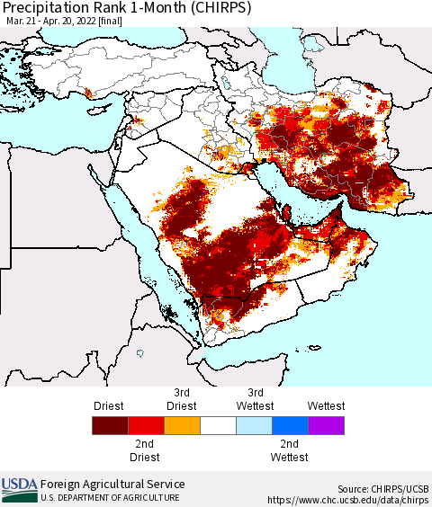 Middle East and Turkey Precipitation Rank since 1981, 1-Month (CHIRPS) Thematic Map For 3/21/2022 - 4/20/2022