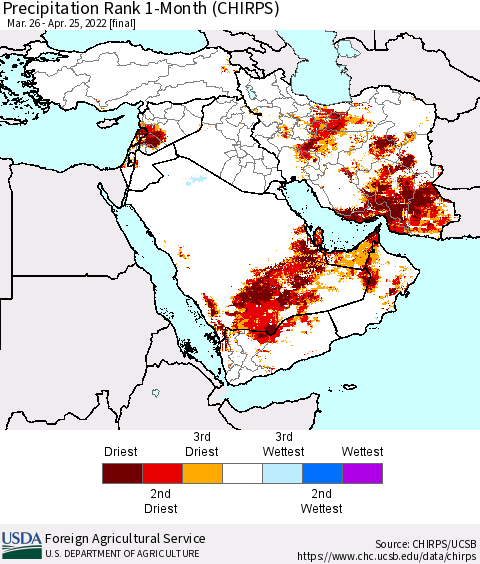 Middle East and Turkey Precipitation Rank since 1981, 1-Month (CHIRPS) Thematic Map For 3/26/2022 - 4/25/2022
