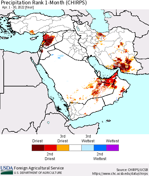Middle East and Turkey Precipitation Rank since 1981, 1-Month (CHIRPS) Thematic Map For 4/1/2022 - 4/30/2022