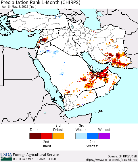 Middle East and Turkey Precipitation Rank since 1981, 1-Month (CHIRPS) Thematic Map For 4/6/2022 - 5/5/2022