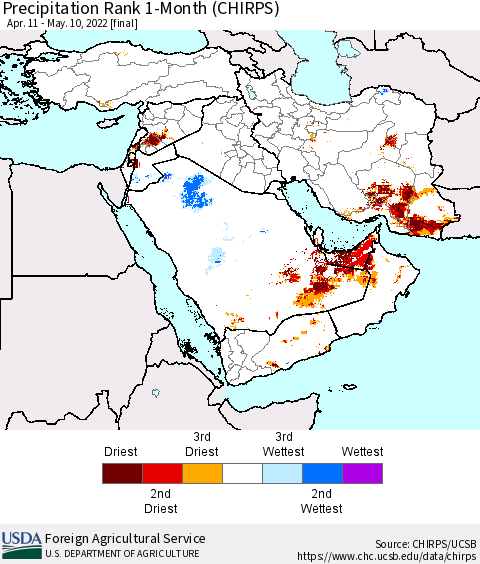 Middle East and Turkey Precipitation Rank since 1981, 1-Month (CHIRPS) Thematic Map For 4/11/2022 - 5/10/2022