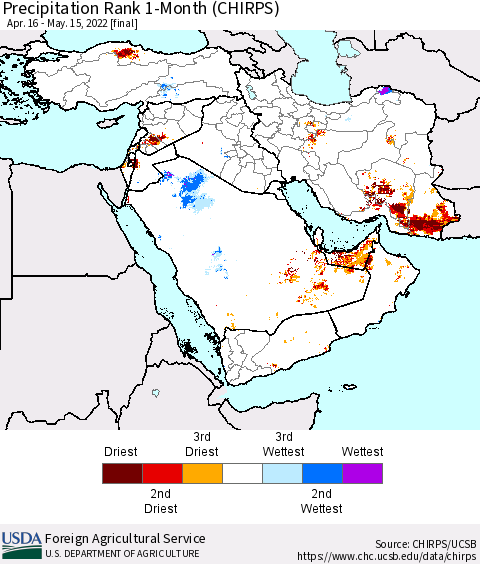 Middle East and Turkey Precipitation Rank since 1981, 1-Month (CHIRPS) Thematic Map For 4/16/2022 - 5/15/2022