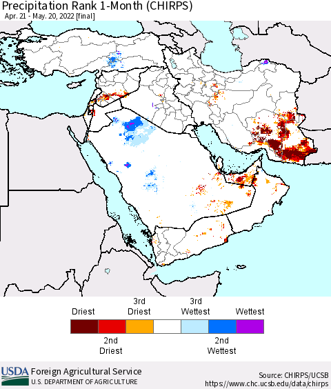 Middle East and Turkey Precipitation Rank since 1981, 1-Month (CHIRPS) Thematic Map For 4/21/2022 - 5/20/2022