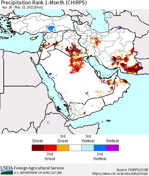 Middle East and Turkey Precipitation Rank since 1981, 1-Month (CHIRPS) Thematic Map For 4/26/2022 - 5/25/2022
