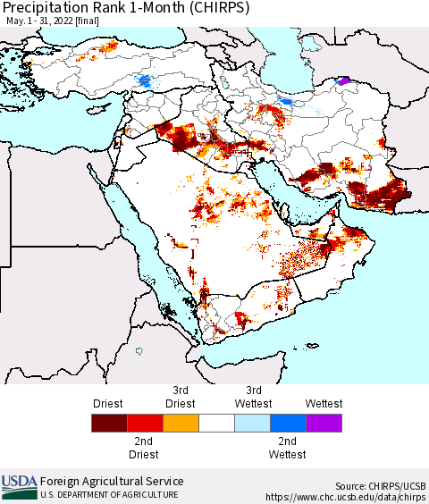 Middle East and Turkey Precipitation Rank since 1981, 1-Month (CHIRPS) Thematic Map For 5/1/2022 - 5/31/2022