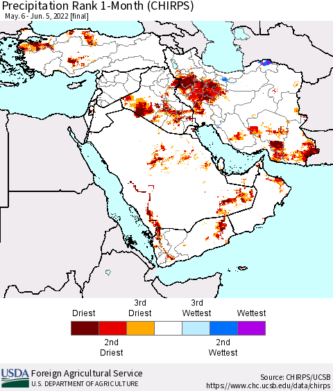 Middle East and Turkey Precipitation Rank since 1981, 1-Month (CHIRPS) Thematic Map For 5/6/2022 - 6/5/2022