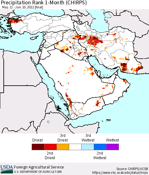 Middle East and Turkey Precipitation Rank since 1981, 1-Month (CHIRPS) Thematic Map For 5/11/2022 - 6/10/2022