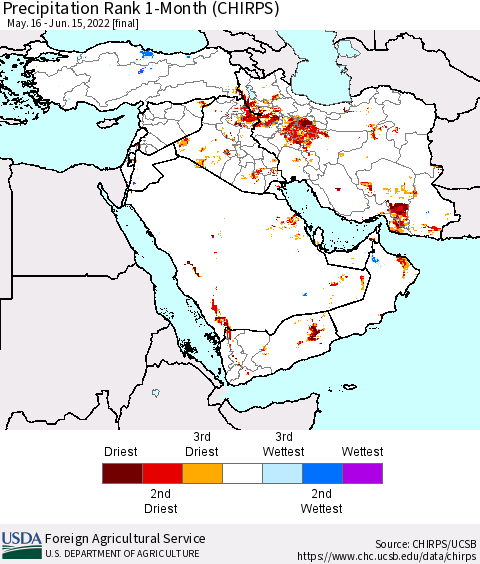 Middle East and Turkey Precipitation Rank since 1981, 1-Month (CHIRPS) Thematic Map For 5/16/2022 - 6/15/2022