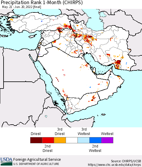 Middle East and Turkey Precipitation Rank since 1981, 1-Month (CHIRPS) Thematic Map For 5/21/2022 - 6/20/2022