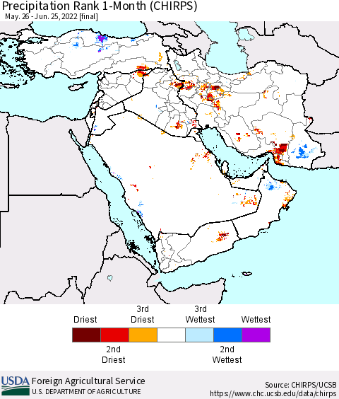 Middle East and Turkey Precipitation Rank since 1981, 1-Month (CHIRPS) Thematic Map For 5/26/2022 - 6/25/2022