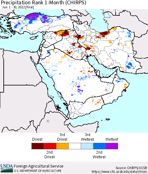 Middle East and Turkey Precipitation Rank since 1981, 1-Month (CHIRPS) Thematic Map For 6/1/2022 - 6/30/2022