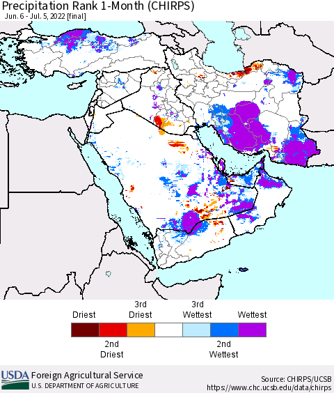 Middle East and Turkey Precipitation Rank since 1981, 1-Month (CHIRPS) Thematic Map For 6/6/2022 - 7/5/2022