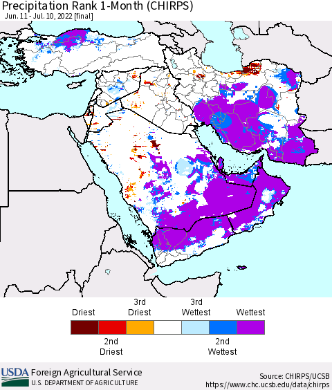 Middle East and Turkey Precipitation Rank since 1981, 1-Month (CHIRPS) Thematic Map For 6/11/2022 - 7/10/2022