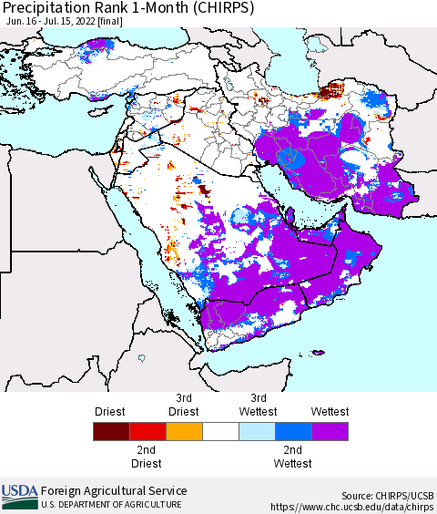 Middle East and Turkey Precipitation Rank since 1981, 1-Month (CHIRPS) Thematic Map For 6/16/2022 - 7/15/2022