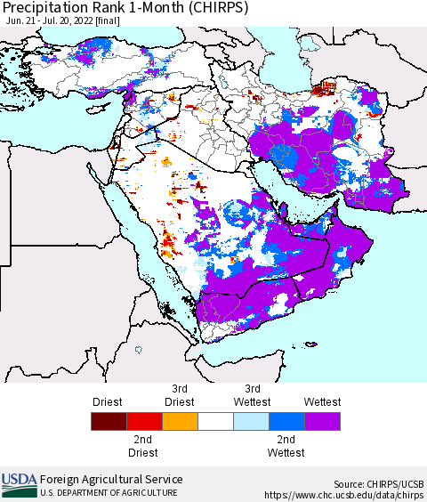 Middle East and Turkey Precipitation Rank since 1981, 1-Month (CHIRPS) Thematic Map For 6/21/2022 - 7/20/2022