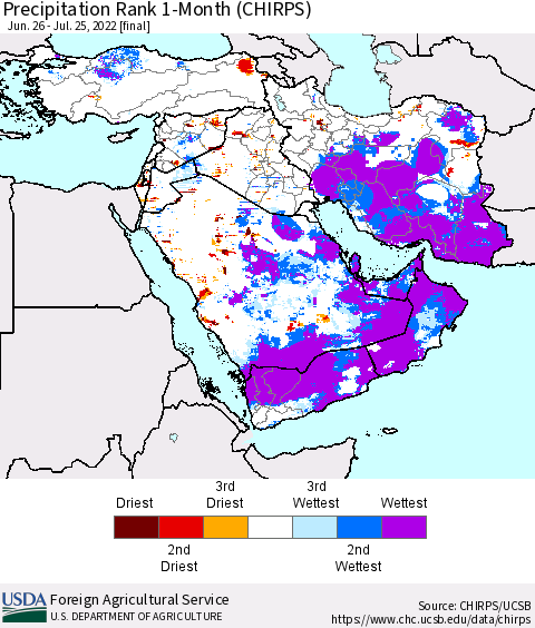 Middle East and Turkey Precipitation Rank since 1981, 1-Month (CHIRPS) Thematic Map For 6/26/2022 - 7/25/2022
