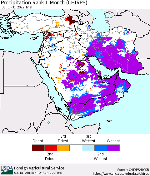Middle East and Turkey Precipitation Rank since 1981, 1-Month (CHIRPS) Thematic Map For 7/1/2022 - 7/31/2022