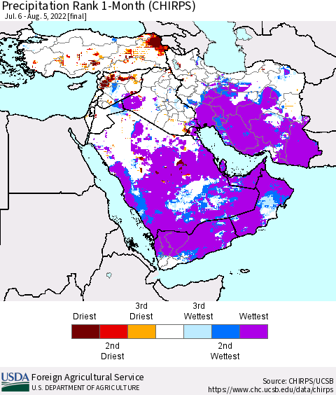 Middle East and Turkey Precipitation Rank since 1981, 1-Month (CHIRPS) Thematic Map For 7/6/2022 - 8/5/2022