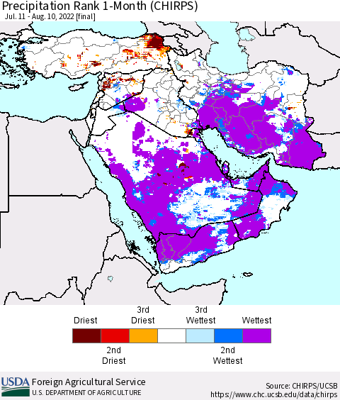 Middle East and Turkey Precipitation Rank since 1981, 1-Month (CHIRPS) Thematic Map For 7/11/2022 - 8/10/2022