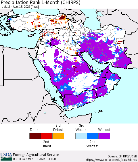 Middle East and Turkey Precipitation Rank since 1981, 1-Month (CHIRPS) Thematic Map For 7/16/2022 - 8/15/2022