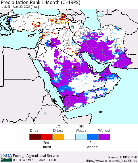 Middle East and Turkey Precipitation Rank since 1981, 1-Month (CHIRPS) Thematic Map For 7/21/2022 - 8/20/2022