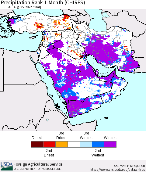 Middle East and Turkey Precipitation Rank since 1981, 1-Month (CHIRPS) Thematic Map For 7/26/2022 - 8/25/2022