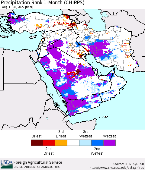 Middle East and Turkey Precipitation Rank since 1981, 1-Month (CHIRPS) Thematic Map For 8/1/2022 - 8/31/2022