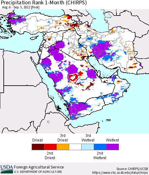 Middle East and Turkey Precipitation Rank since 1981, 1-Month (CHIRPS) Thematic Map For 8/6/2022 - 9/5/2022