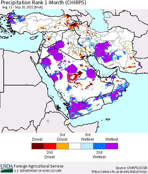 Middle East and Turkey Precipitation Rank since 1981, 1-Month (CHIRPS) Thematic Map For 8/11/2022 - 9/10/2022