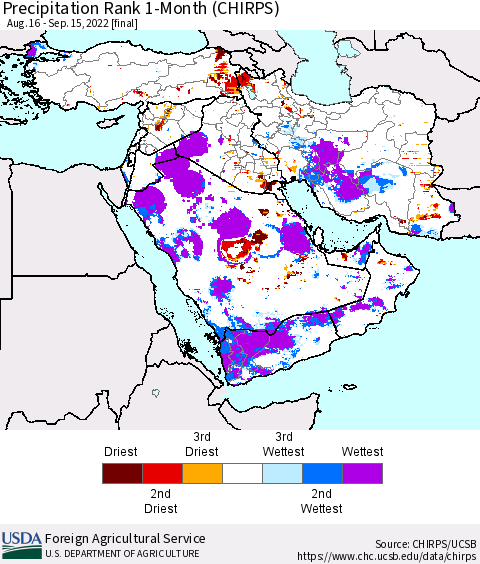 Middle East and Turkey Precipitation Rank since 1981, 1-Month (CHIRPS) Thematic Map For 8/16/2022 - 9/15/2022