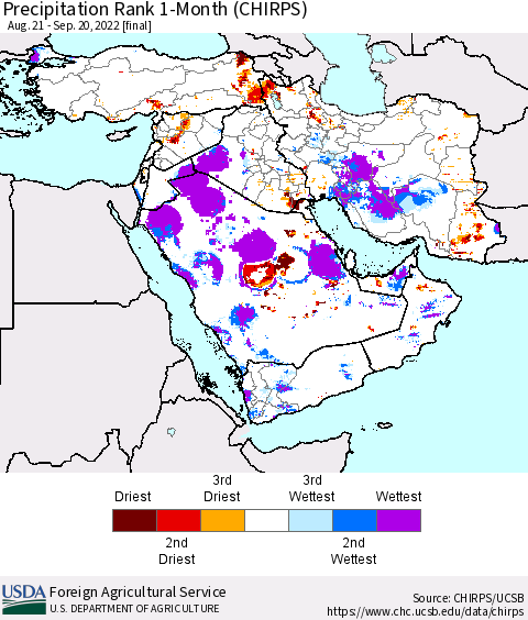 Middle East and Turkey Precipitation Rank since 1981, 1-Month (CHIRPS) Thematic Map For 8/21/2022 - 9/20/2022