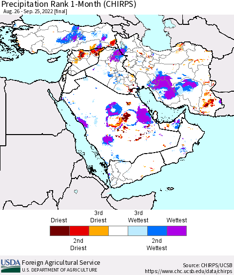 Middle East and Turkey Precipitation Rank since 1981, 1-Month (CHIRPS) Thematic Map For 8/26/2022 - 9/25/2022