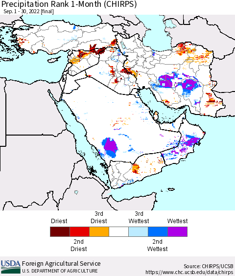 Middle East and Turkey Precipitation Rank since 1981, 1-Month (CHIRPS) Thematic Map For 9/1/2022 - 9/30/2022