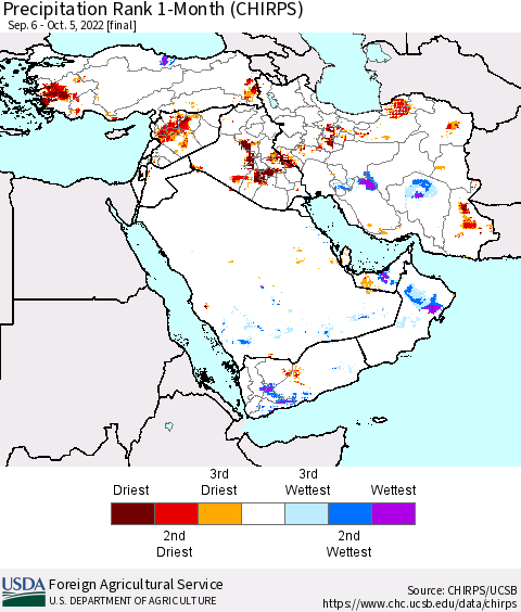Middle East and Turkey Precipitation Rank since 1981, 1-Month (CHIRPS) Thematic Map For 9/6/2022 - 10/5/2022