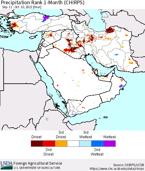 Middle East and Turkey Precipitation Rank since 1981, 1-Month (CHIRPS) Thematic Map For 9/11/2022 - 10/10/2022