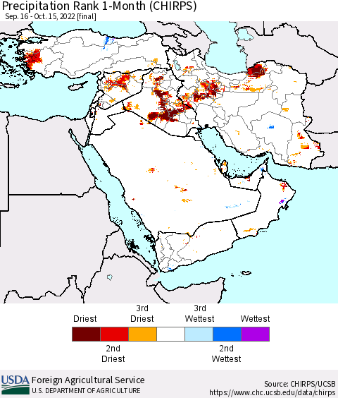Middle East and Turkey Precipitation Rank since 1981, 1-Month (CHIRPS) Thematic Map For 9/16/2022 - 10/15/2022