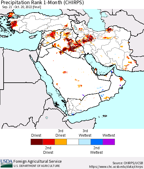 Middle East and Turkey Precipitation Rank since 1981, 1-Month (CHIRPS) Thematic Map For 9/21/2022 - 10/20/2022