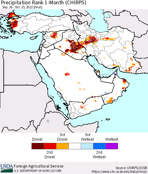 Middle East and Turkey Precipitation Rank since 1981, 1-Month (CHIRPS) Thematic Map For 9/26/2022 - 10/25/2022