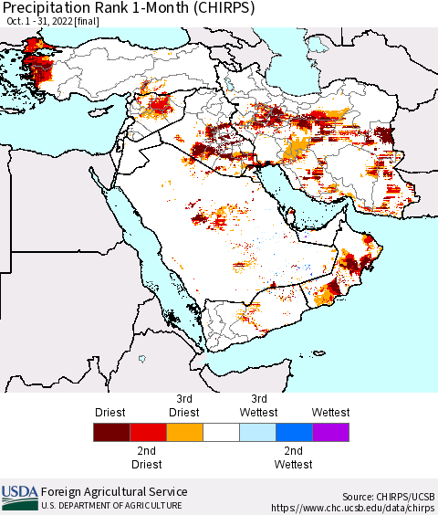 Middle East and Turkey Precipitation Rank since 1981, 1-Month (CHIRPS) Thematic Map For 10/1/2022 - 10/31/2022